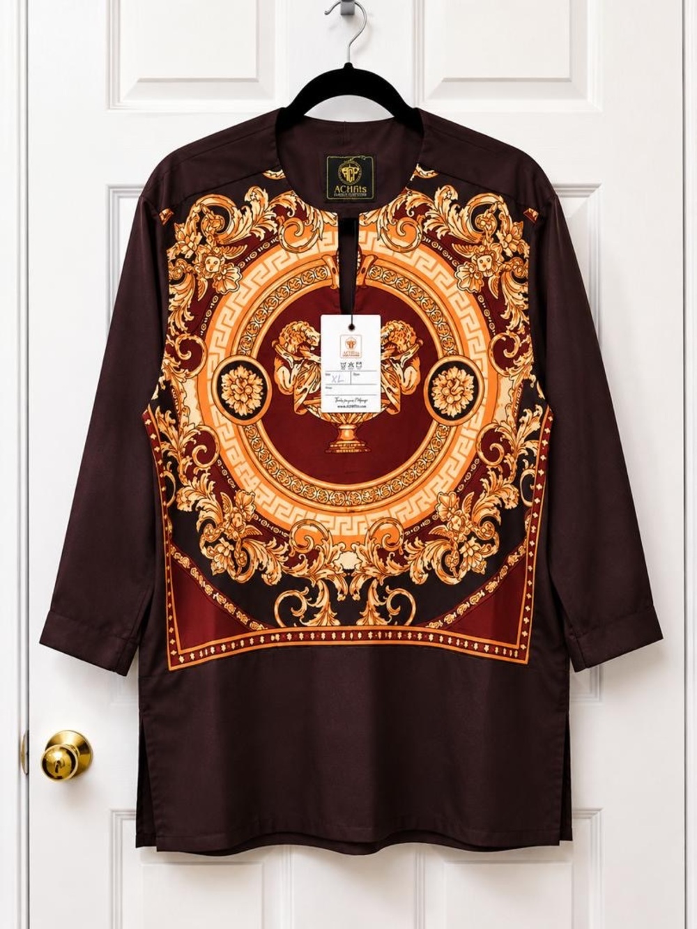 Men's Ornate Brown & Gold Baroque-Print Long Sleeve Dress Shirt